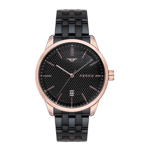 Men Black Brass Dial & Rose Gold Toned Stainless Steel Bracelet Style Straps Analogue Watch
